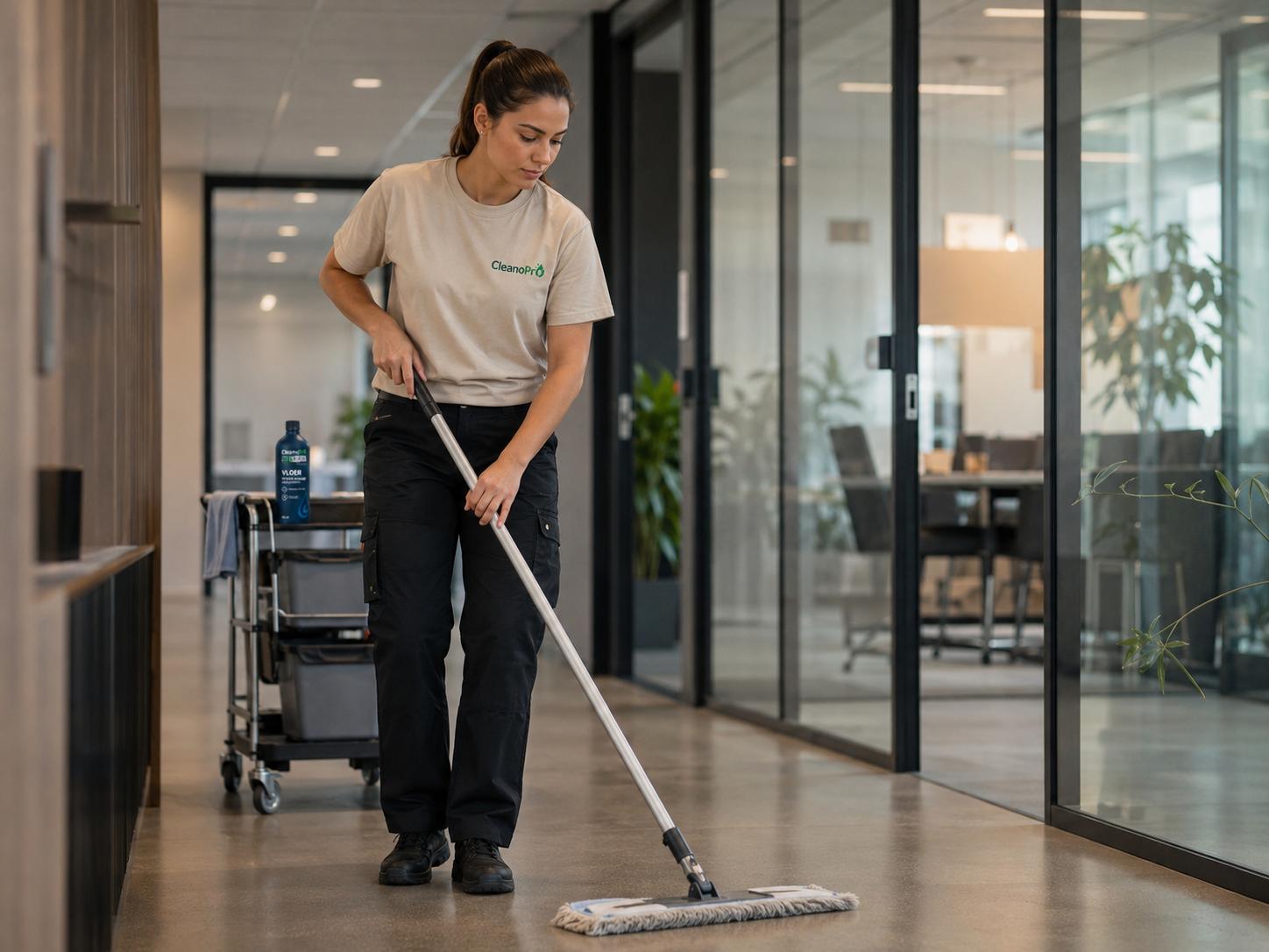 CleanoPro schoonmaakmedewerker aan het werk in een kantoor