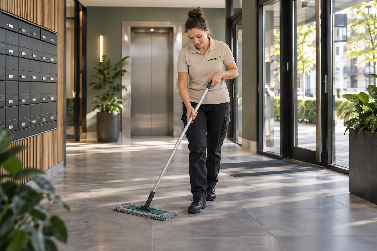 Bewerkt sfeerbeeld: schoonmaak van een VvE-entree in CleanoPro-werkkleding